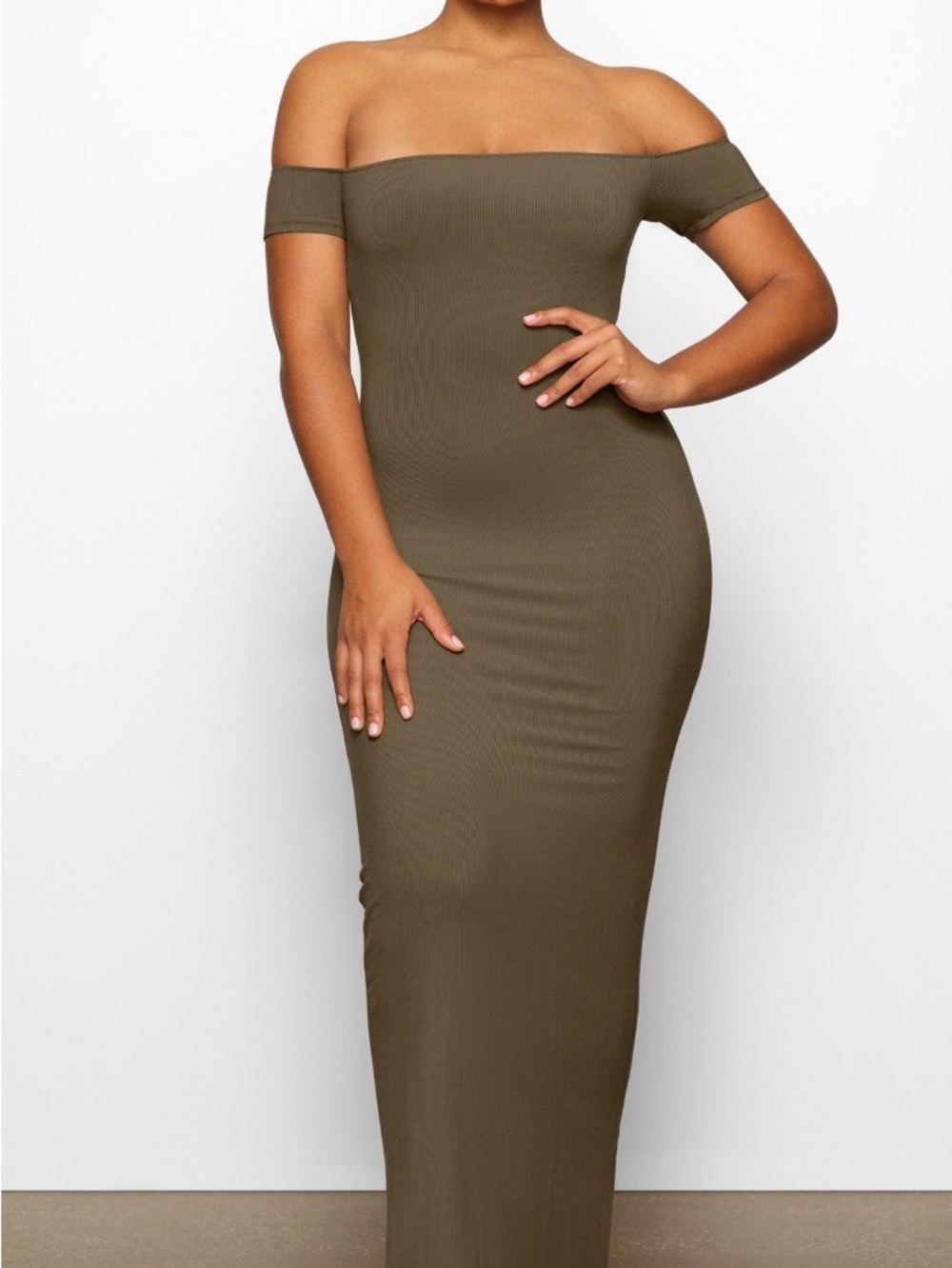 SKIMS Off-Shoulder Ribbed Maxi Dress - Taupe